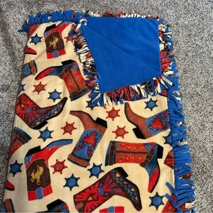 Western Cowboy Boot Fleece Blanket with Blue Fringe